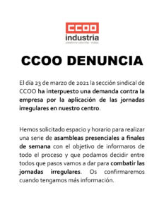 CCOO Denuncia las jornadas irregulares