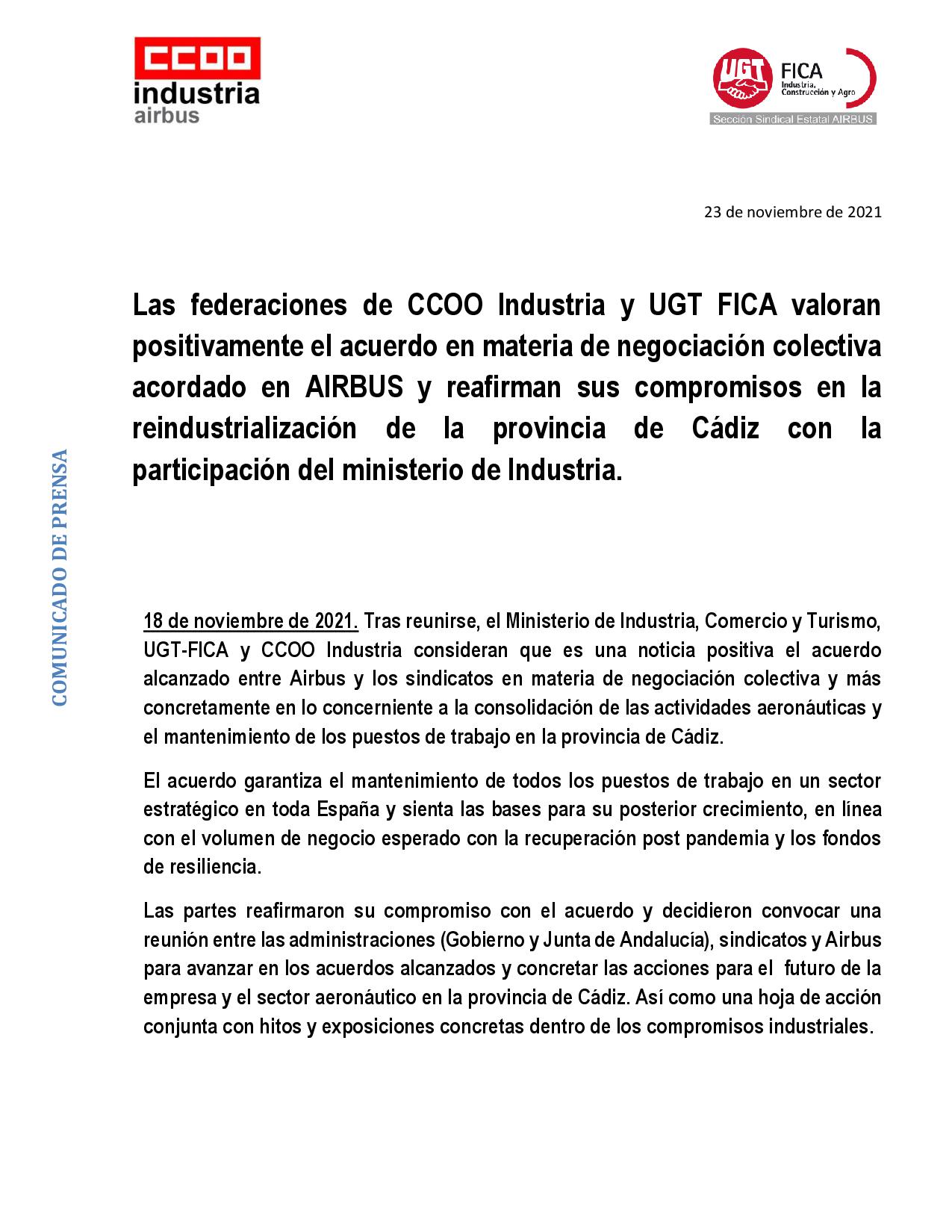VALORACIÓN POSITIVA POR PARTE DE LAS FEDERACIONES DE CCOO INDUSTRIA Y ...