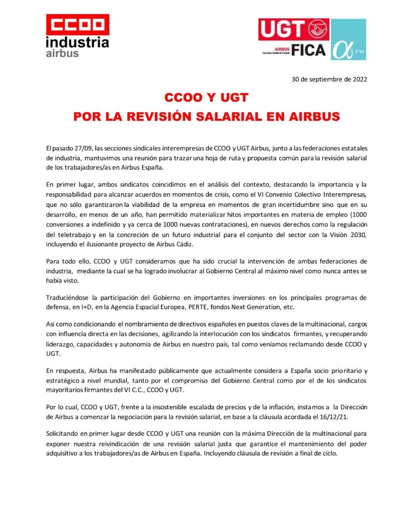 220930 Ccoo Y Ugt Por La Revisión Salarial En Airbus 1