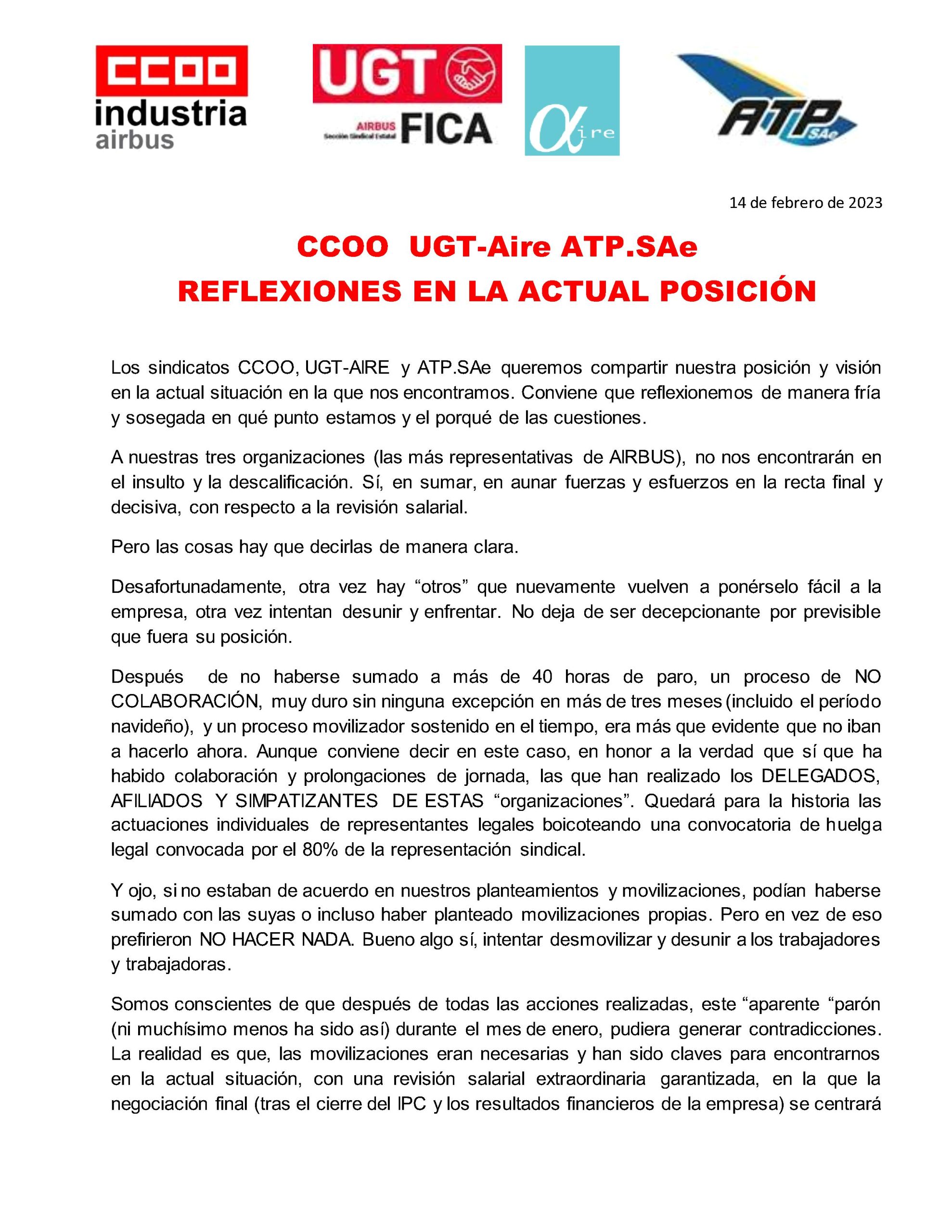 230214 Ccoo Ugt Aire Atp Reflexiones En La Actual Posición 1