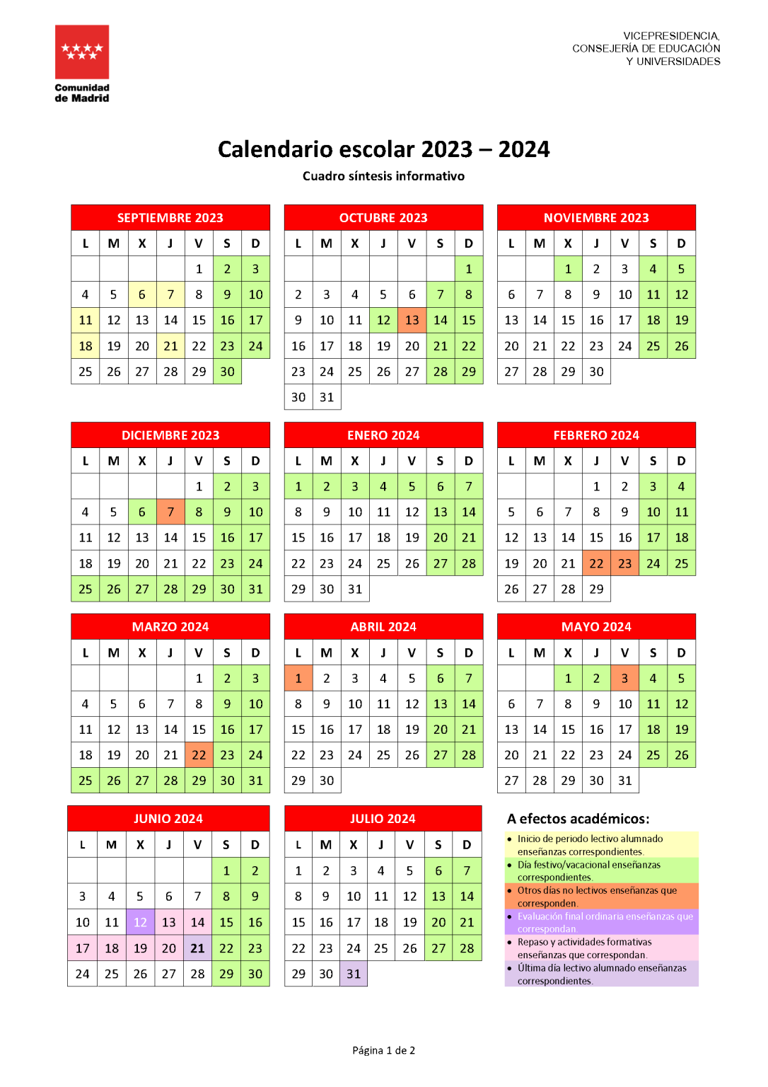 Calendario Escolar Comunidad de Madrid. Airbus