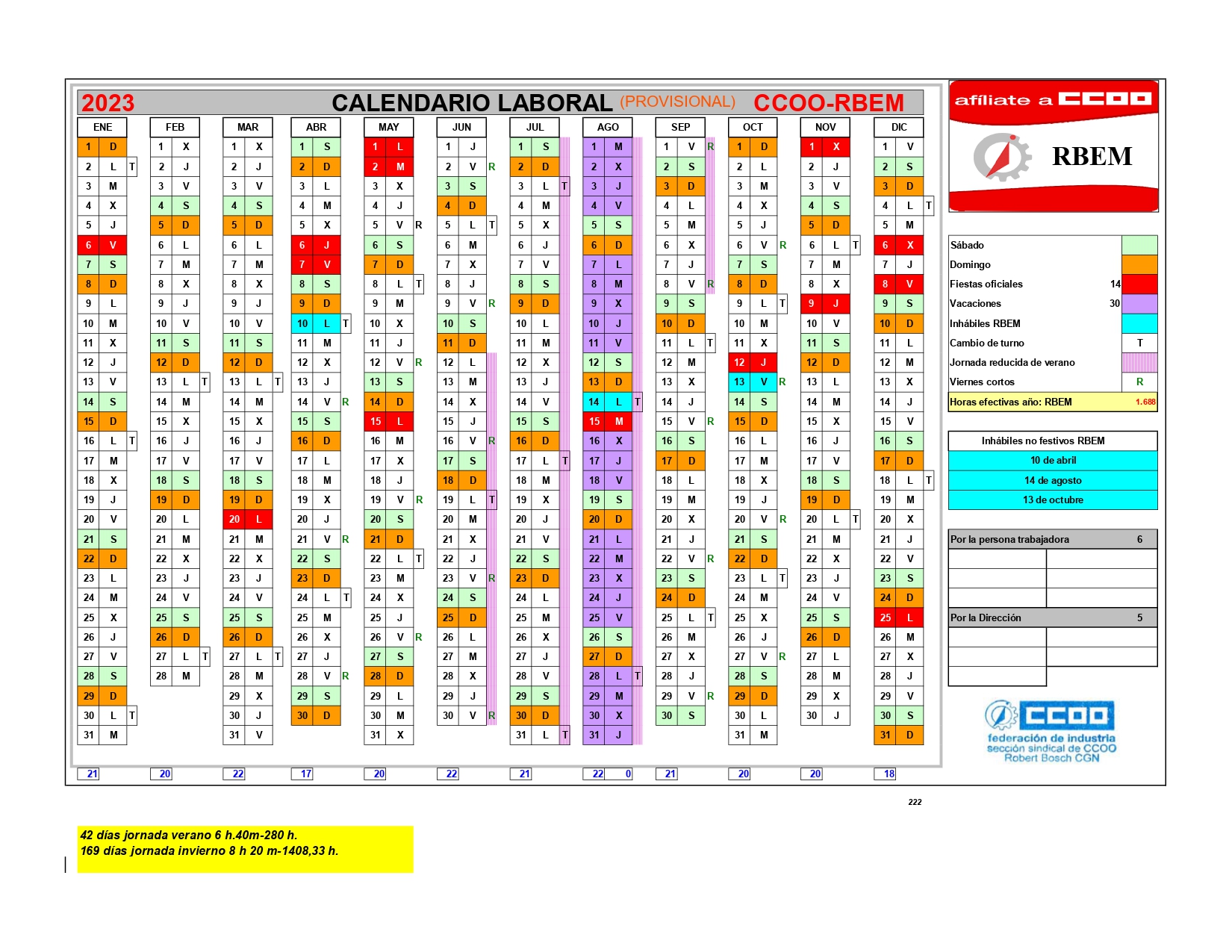 Calendario Laboral 2023 RBEM CCOO BOSCH Bosch