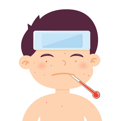 Little Boy Sick With High Fever And Small Pox, Vector Illustration