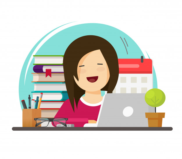 Business Woman Happy Working Learning Office Work Place Female Person Sitting Table Workplace With Laptop Computer Studying Illustration Flat Cartoon 101884 926